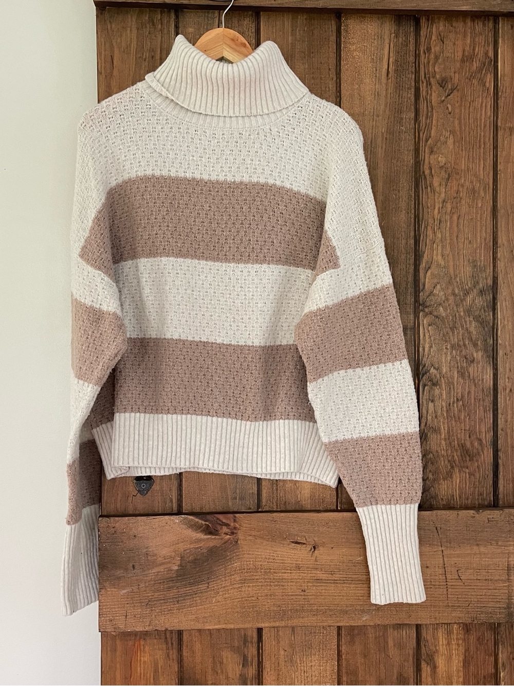 Pink Rose Tan & White Pointelle Stripe Turtleneck Sweater Large Cozy Neutrals